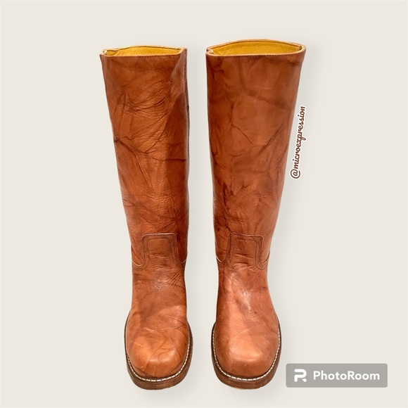 $599 Frye Campus 14L Cognac Leather Block Heel Square Knee High Tall Cowboy Boot - Picture 10 of 15